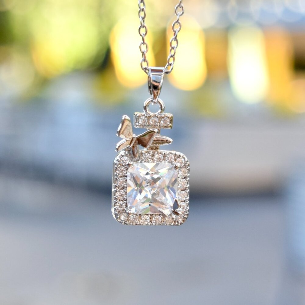 Perfume Bottle Crystal Diamond Charm - Stainless Steel Necklace